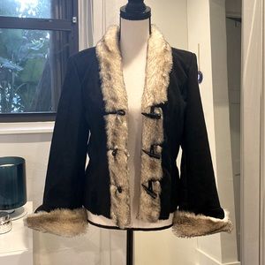 WHBM Faux fur/black suede winter jacket w/ toggle closure EUC